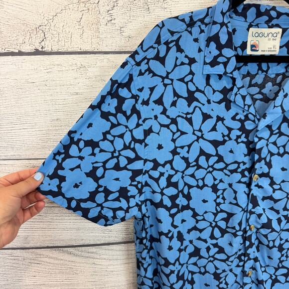 Laguna Men's Blue Floral Hawaiian Button Up Short Sleeve Shirt Size XL - Picture 3 of 7